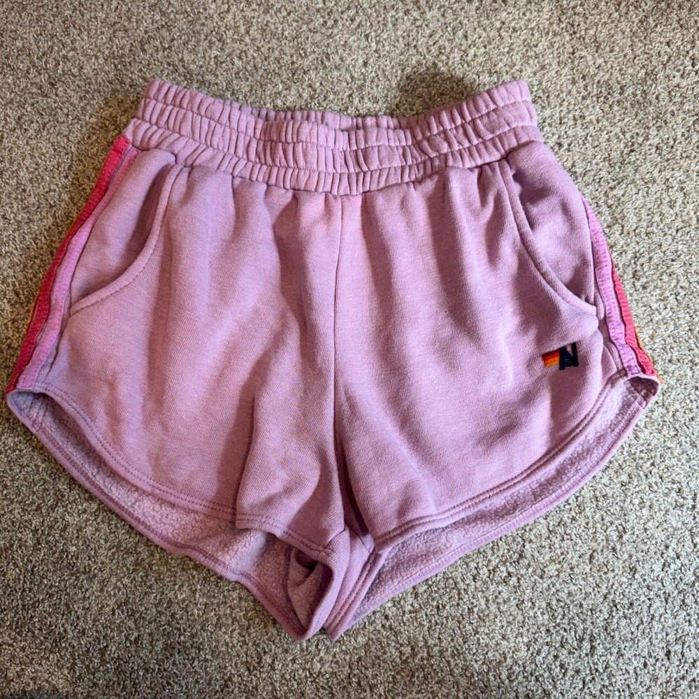 Aviator Nation Womens Orchid Purple Rainbow Stripe Sweat Shorts Size S